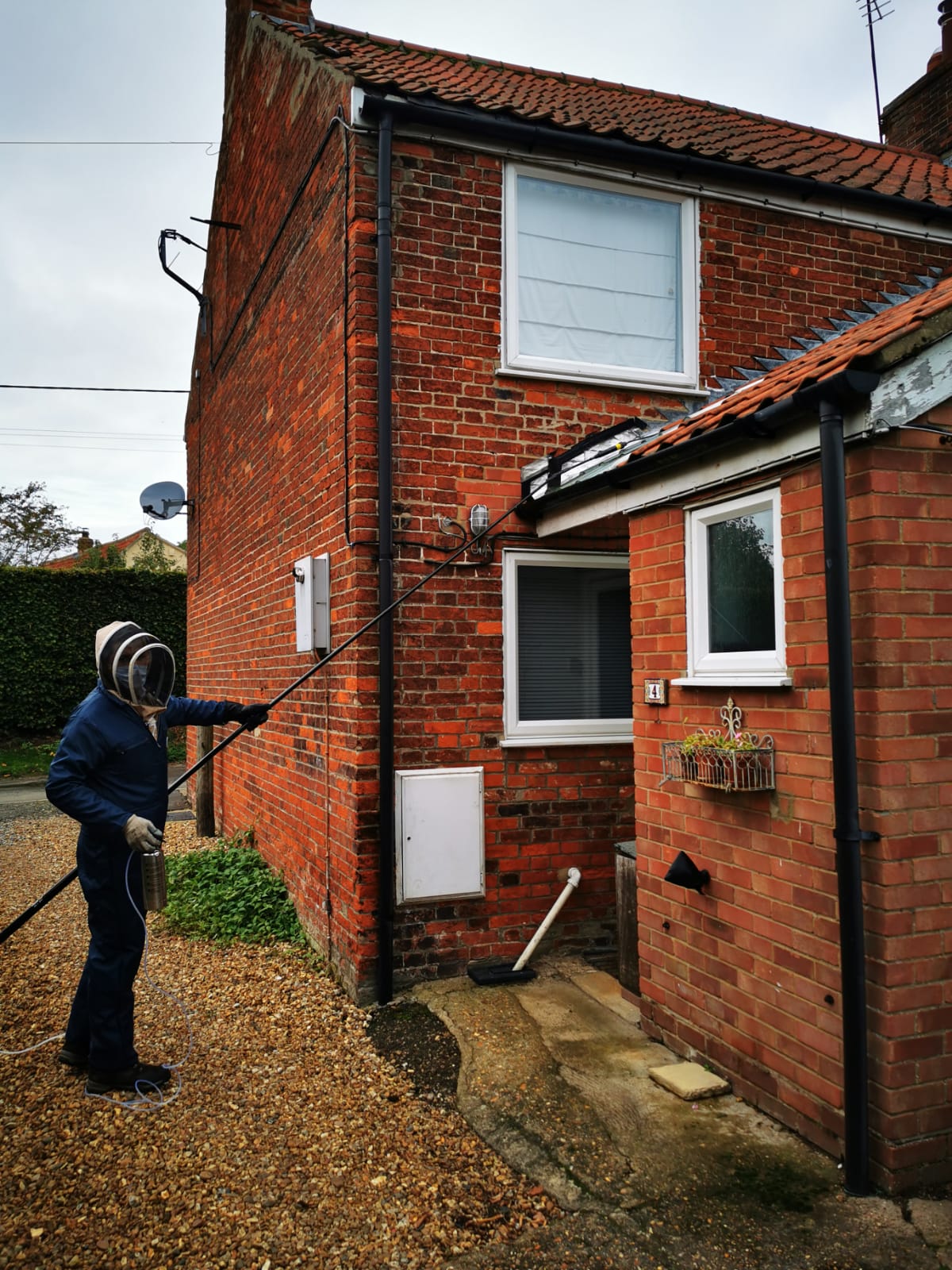 An operative in a bee suit using a long lance at the eaves of a red brick cottage